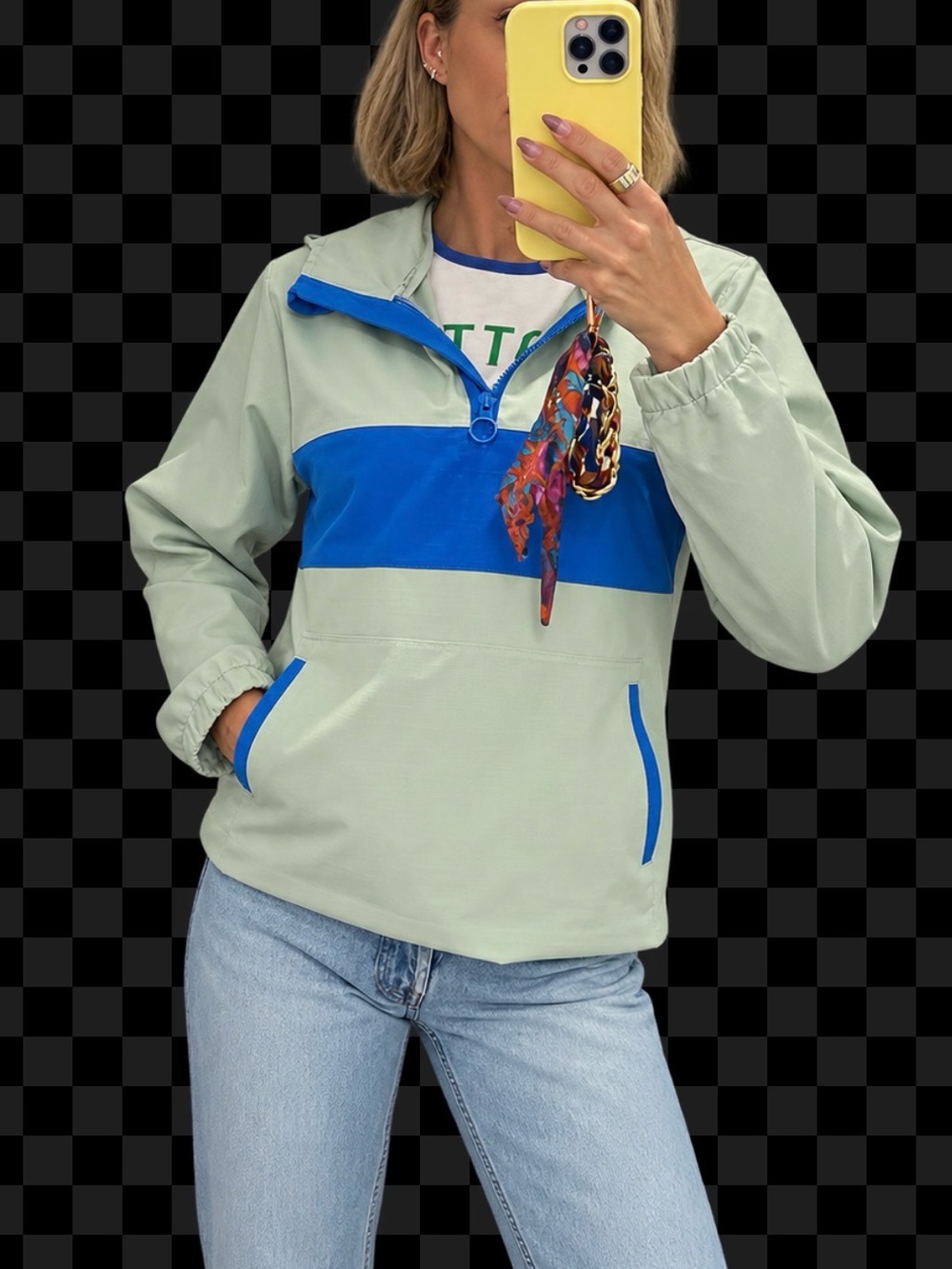 Light Sage and Blue Half-Zip Pullover Top